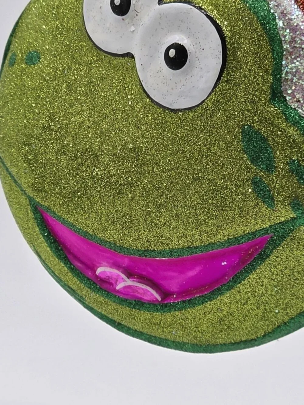 Radko Christmas Ornament Green Glitter Frog Head 25th Anniversary Glass Holiday